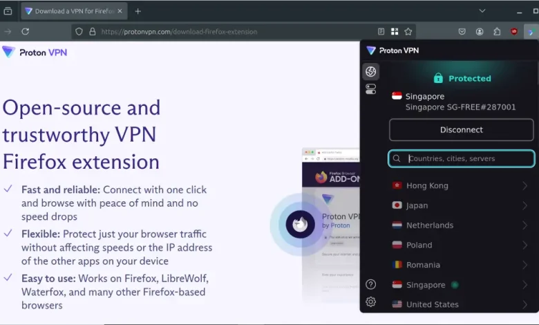 Proton VPN Browser Extension is free for users